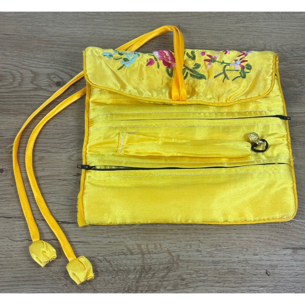 Jewelry Roll Yellow Embroidered Satin Floral Travel Case (as is)